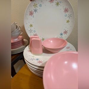 Vtg Melamine Set of 49 Floral Star Rare Charming Pink and Floral Dinnerware Set